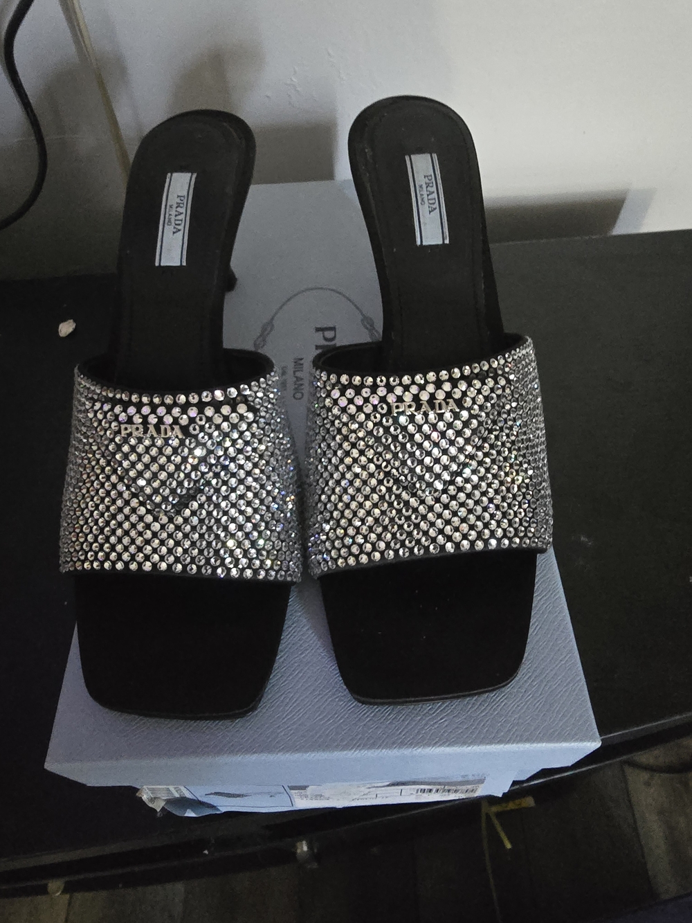 Prada Black Crystal Slide Sandals